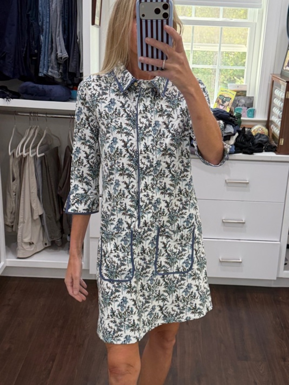 Duffield Lane White Floral Shift Dress with Blue Trim